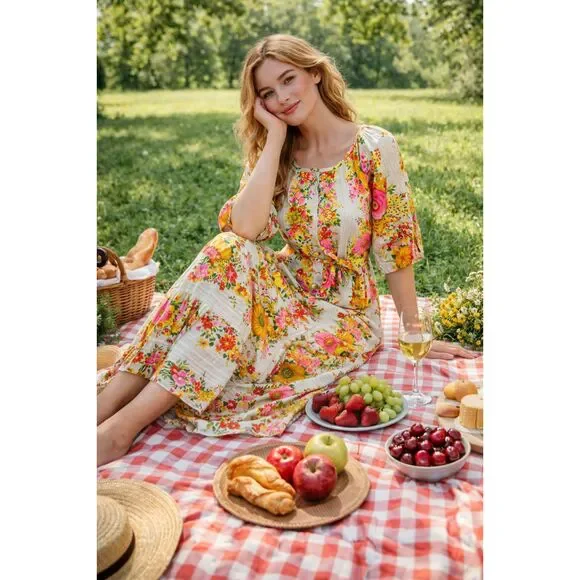 Vintage Miss Elaine Women Size S Floral Ruffle Maxi Dress 70s Retro Boho Peasant - Picture 8 of 17